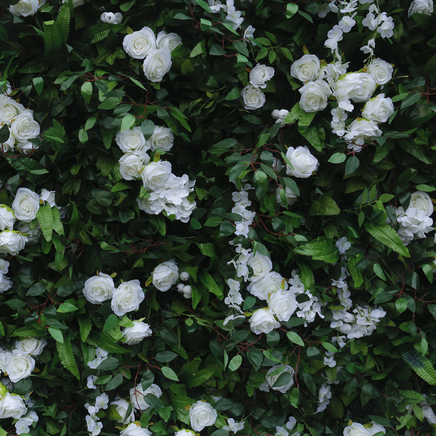 White green flower wall backdrop looks vibrant.