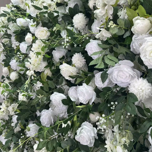 Artificial flower wall with white roses.