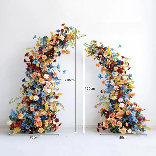 Crafted for realism, the orange blue flower arch boasts a fabric backing and fade-resistant colors.