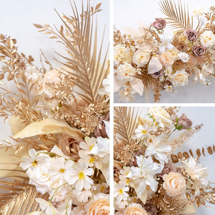 Vibrant colors give the gold hanging flower set detailed realism and beauty.