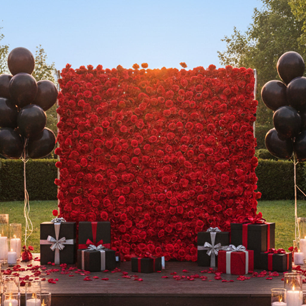 Lightning Deals: Flower Wall 3D Red Rose Wedding Backdrop Fabric Rolling Up Curtain Event Proposal Decor