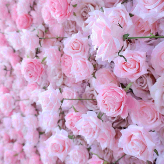 The pink flower wall's detailed view highlights its vibrant, realistic shapes and fabric backing.