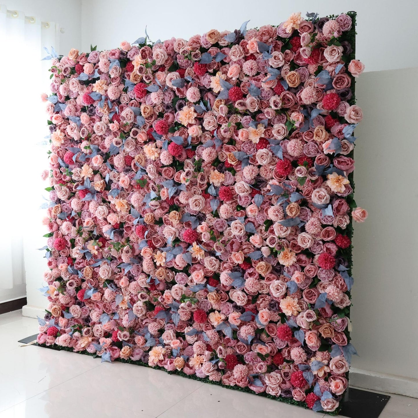 Flower Wall 3D Pink Blue Rolling Up Curtain Fabric Backdrop Proposal Wedding Party Decor