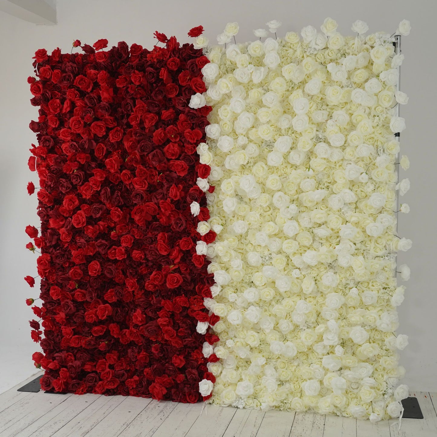 The red and white roses flower wall side view is designed for realism and durability with a fabric backing.