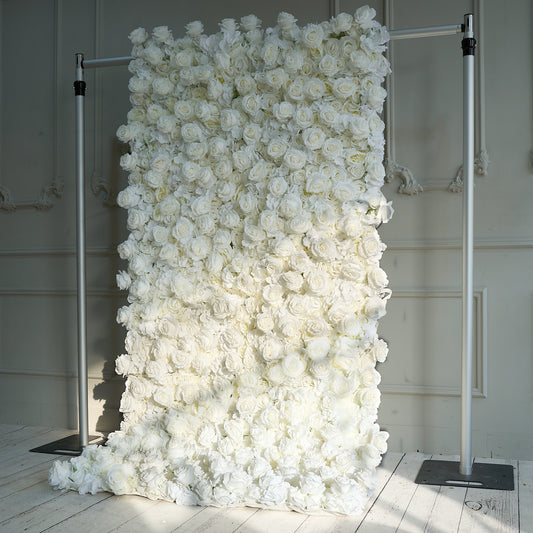 The white rose flower wall side view features a fabric backing.