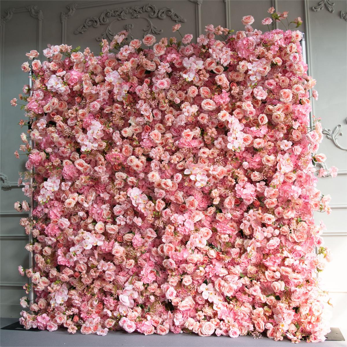 The 5D pink fabric flower wall looks cute and romantic.