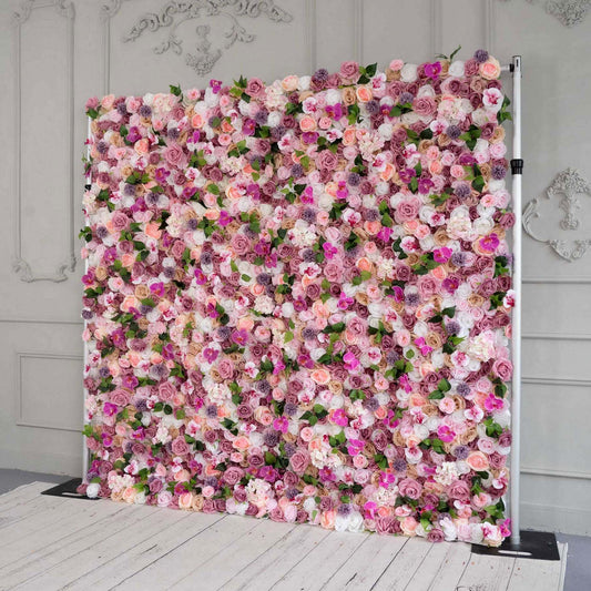 Colorful flower wall's side view boasts realistic shapes and a fabric backing