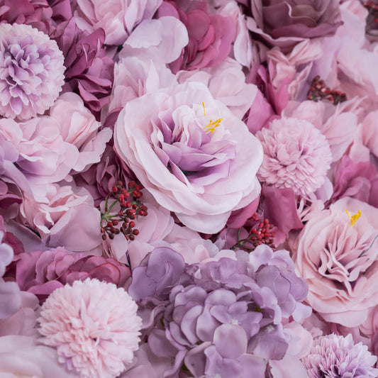 The lotus root pink rose flower wall's detailed view highlights its vibrant, realistic shapes and fabric backing.