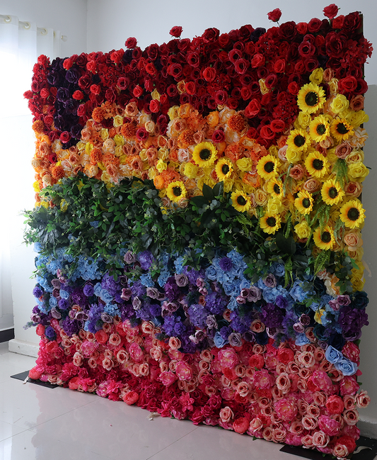 Fade-resistant and realistic, the rainbow flower wall side view features a fabric backing.