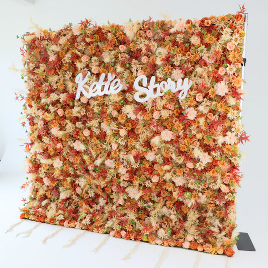 The fall orange flower wall's side view boasts realistic shapes and a fabric backing