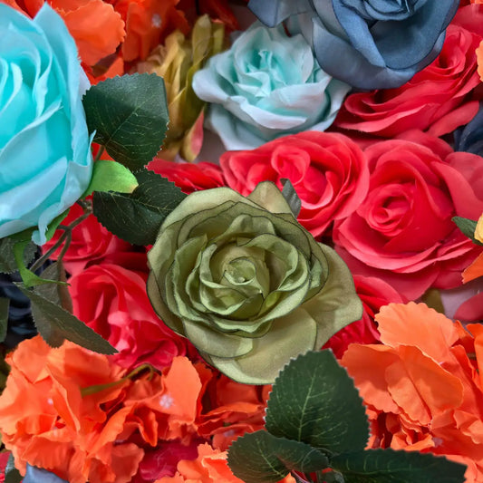 Flower Wall 3D Orange & Blue Rolling Up Curtain Floral Backdrop Wedding Party Proposal Decor