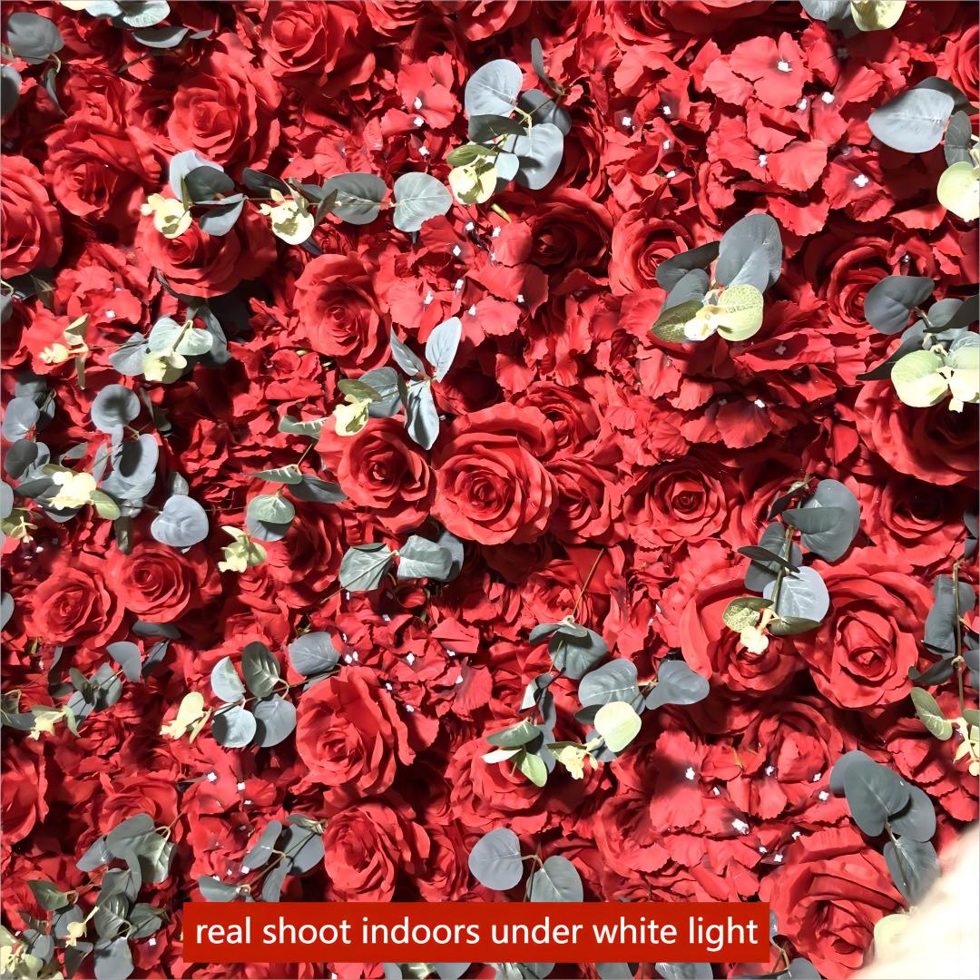 Bright red flower wall's detailed view shows off vivid colors and a realistic fabric backing.