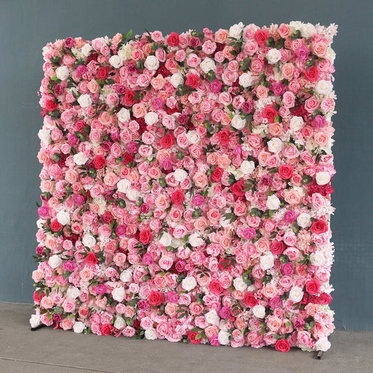 The rose red flower wall's side view boasts realistic shapes and a fabric backing