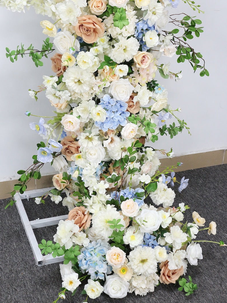 Champagne Rose Floral Arrangement White Blue Series Horn Arch Set - KetieStory