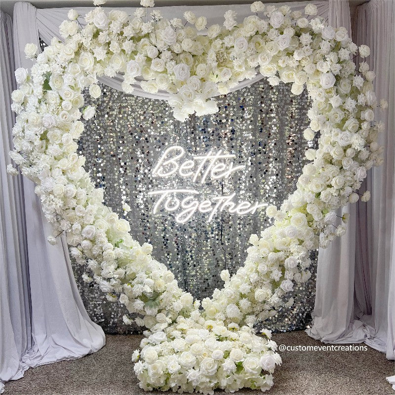 Flower Arch White Roses Heart Shaped Floral Set Backdrop Proposal Wedding Party Decor - KetieStory