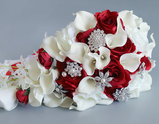 Cascade Bridal Bouquet in Mixed White Dark Red for Wedding Party Proposal - KetieStory