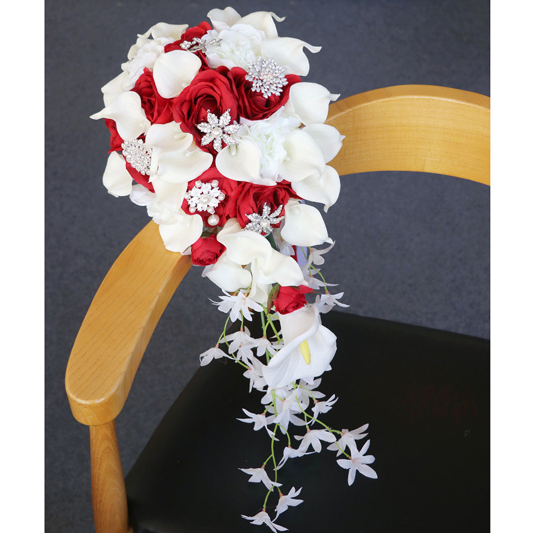 Cascade Bridal Bouquet in Mixed White Dark Red for Wedding Party Proposal - KetieStory
