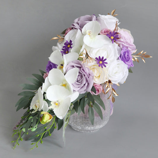 Cascade Bridal Bouquet in White-Purple for Wedding Party Proposal - KetieStory