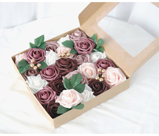 Dark Purple Pink Roses Flower Box Silk Flower for Wedding Party Decor Proposal - KetieStory