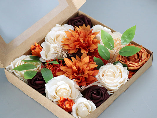 Champagne Tangerine Roses Flower Box Silk Flower for Wedding Party Decor Proposal - KetieStory