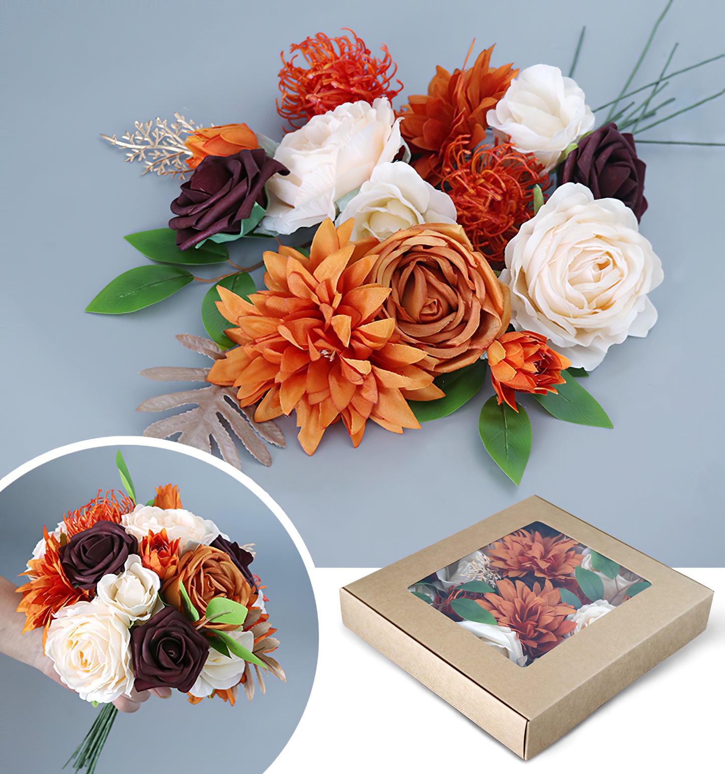 Champagne Tangerine Roses Flower Box Silk Flower for Wedding Party Decor Proposal - KetieStory