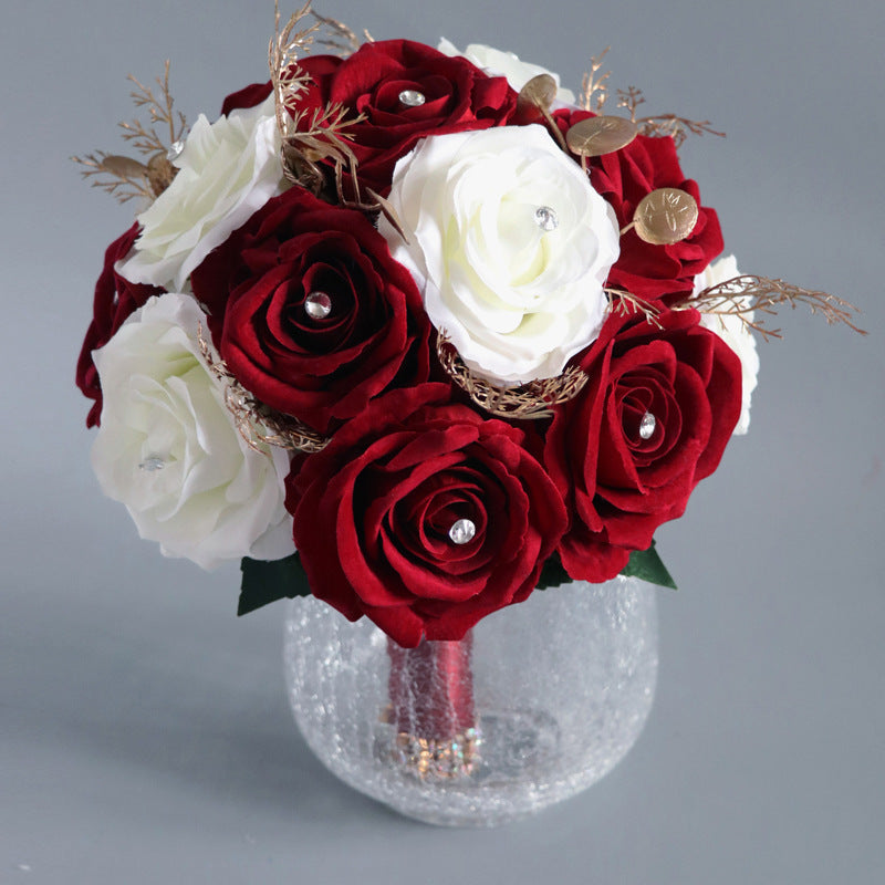 Free Form Bridal Bouquet in Mixed White-Claret Red Roses - KetieStory