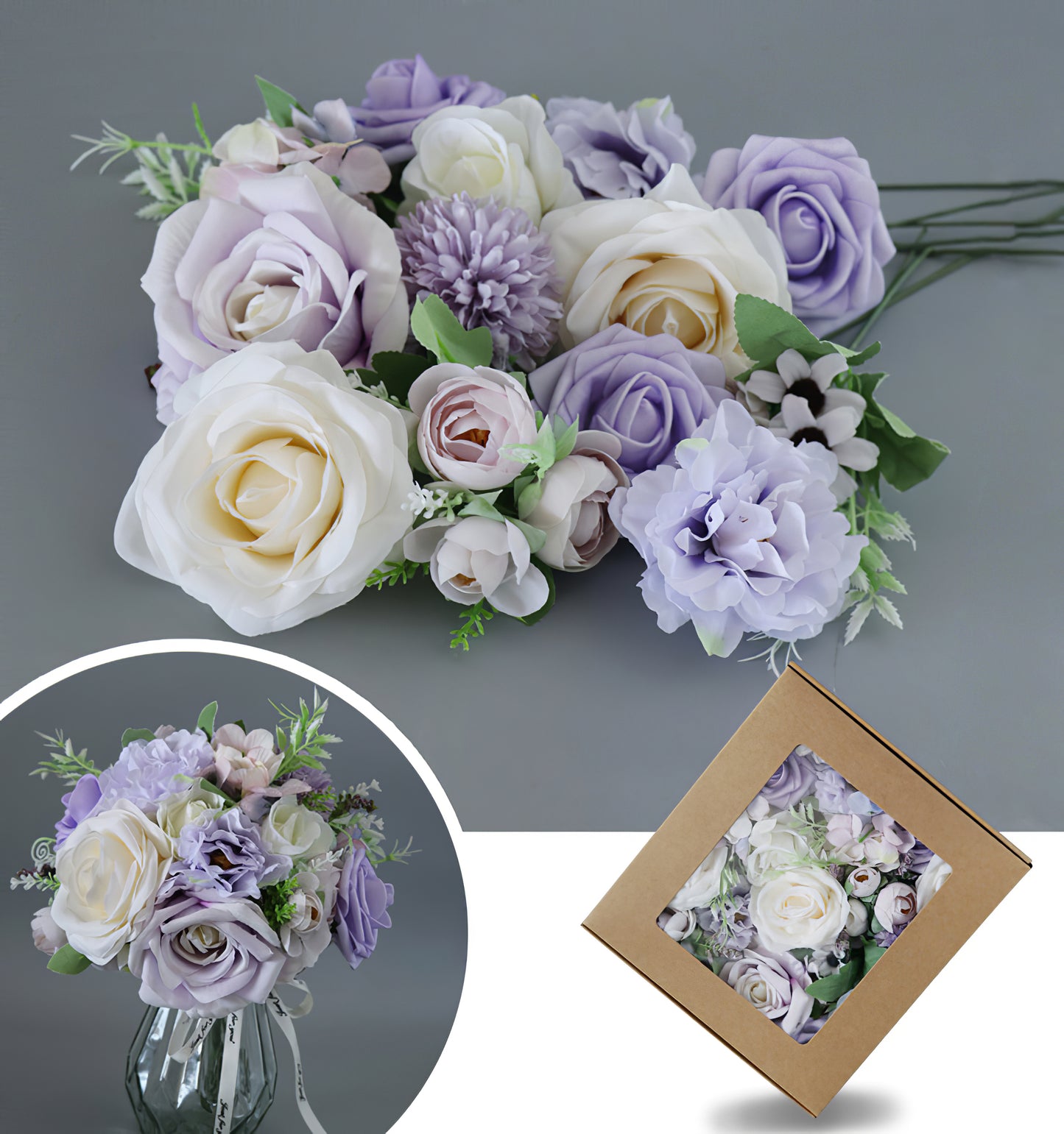 White Purple Roses Flower Box Silk Flower for Wedding Party Decor Proposal - KetieStory