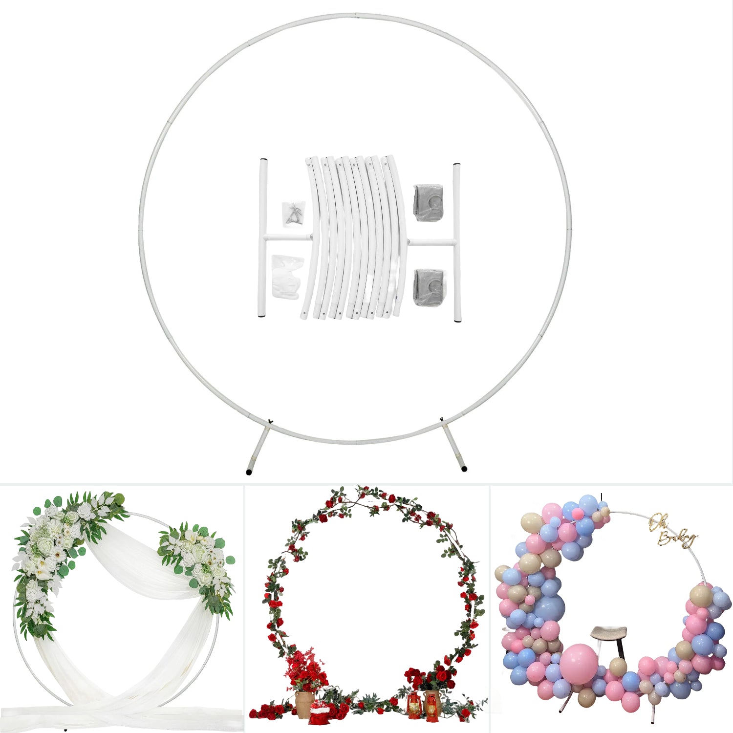 Round Stand White 6.5x6.5ft(2x2m) Aluminum Frames for Balloon Party Decor Wedding Ring Flower Arch