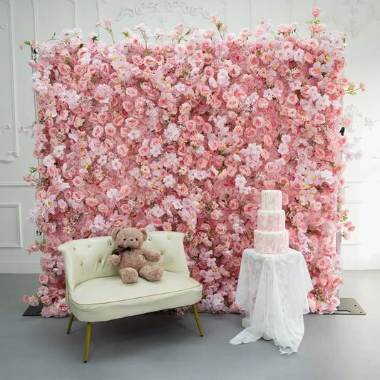 Flower Wall 7D Pink Fabric Rolling Up Curtain Floral Backdrop Wedding Party Proposal Decor