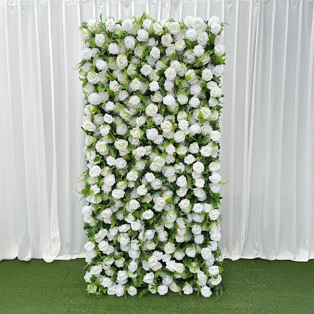 Flower Wall 3D Green White Rose Fabric Rolling Up Curtain Floral Backdrop Wedding Party Proposal Decor