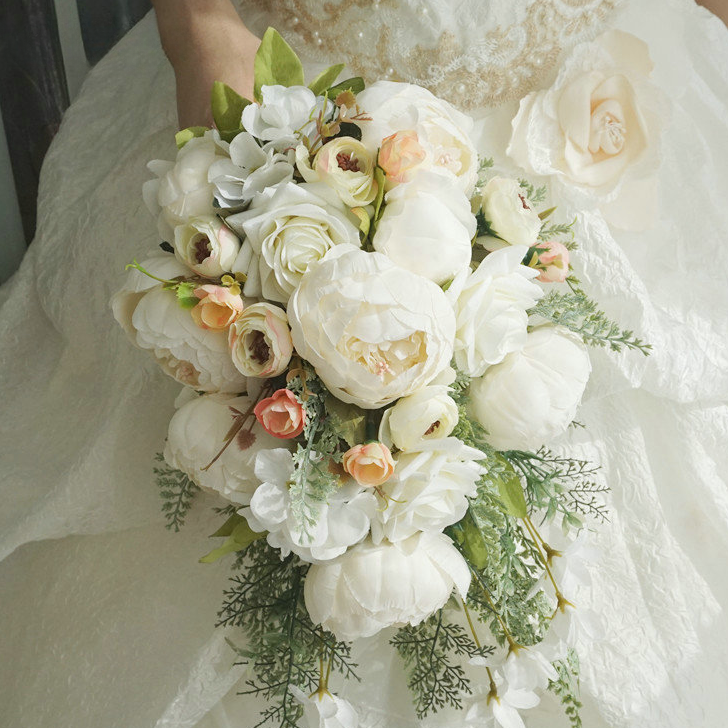 Cascade Bridal Bouquet White Peony Rose for Wedding Party Proposal - KetieStory