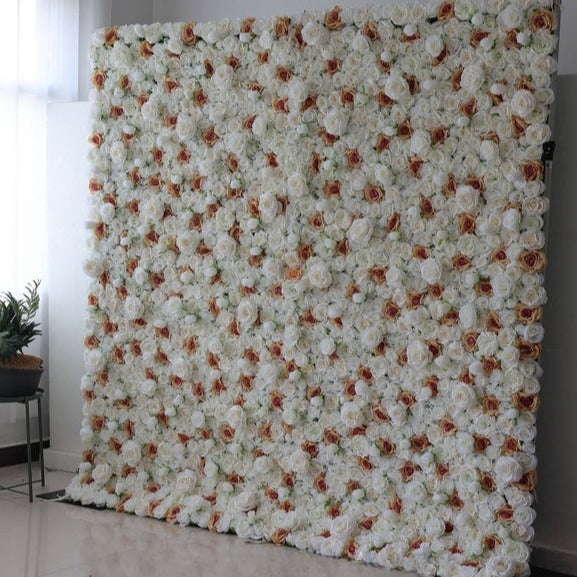 Flower Wall  White Rose and Light Champagne Fabric Rolling Up Curtain Floral Backdrop Wedding Party Proposal Decor