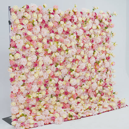 Floral backdrop with pink and yellow flowers on a light blue background