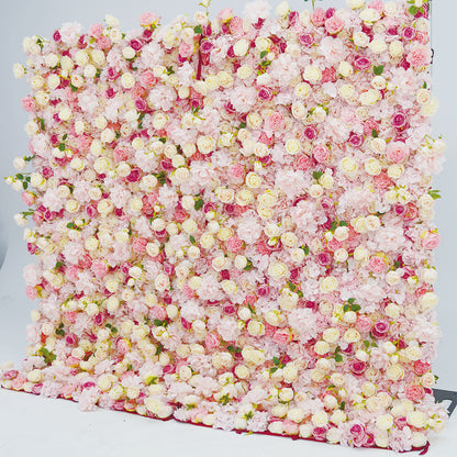 Floral wall with pink and white flowers on a light blue background