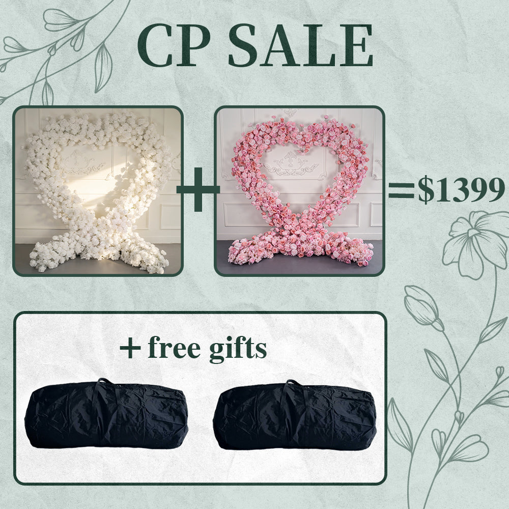 CP SALE 2 Pink White Rose Heart Shaped Flower Arch 8*8ft with Free Handbags