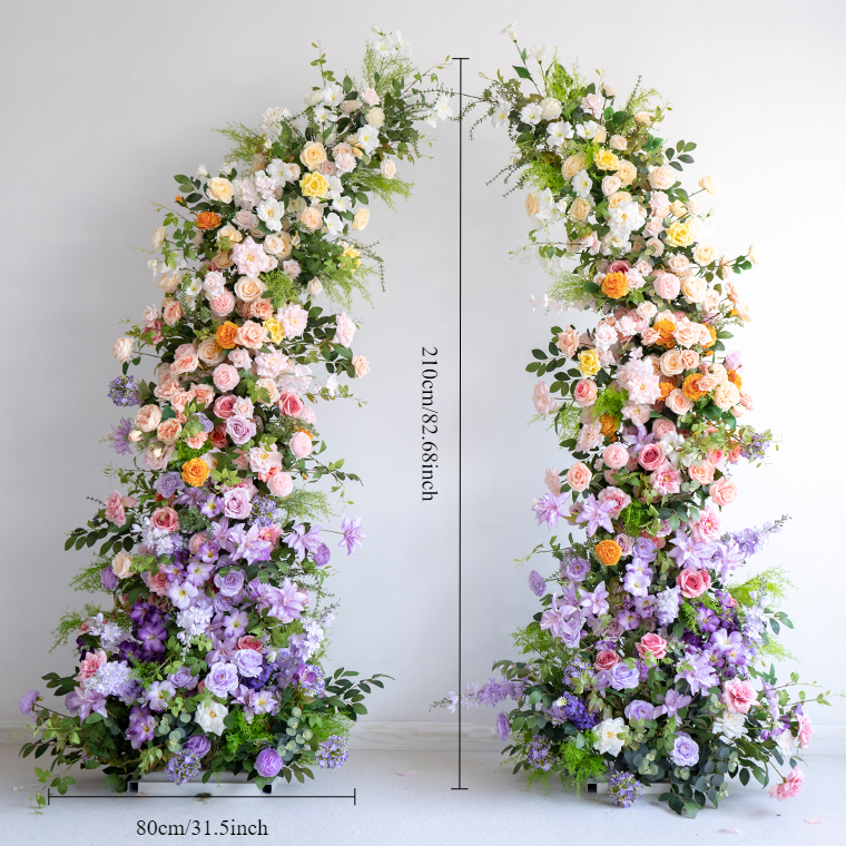 The purple green flower arch features a fabric backing, ensuring lifelike shapes and vibrant colors. 