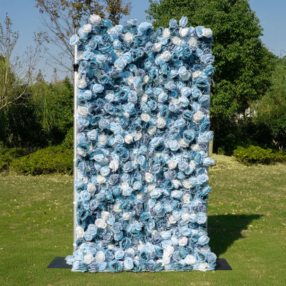 Flower Wall 5D Rolling Up Grey Blue Roses Floral Backdrop for Gender Reveal Party