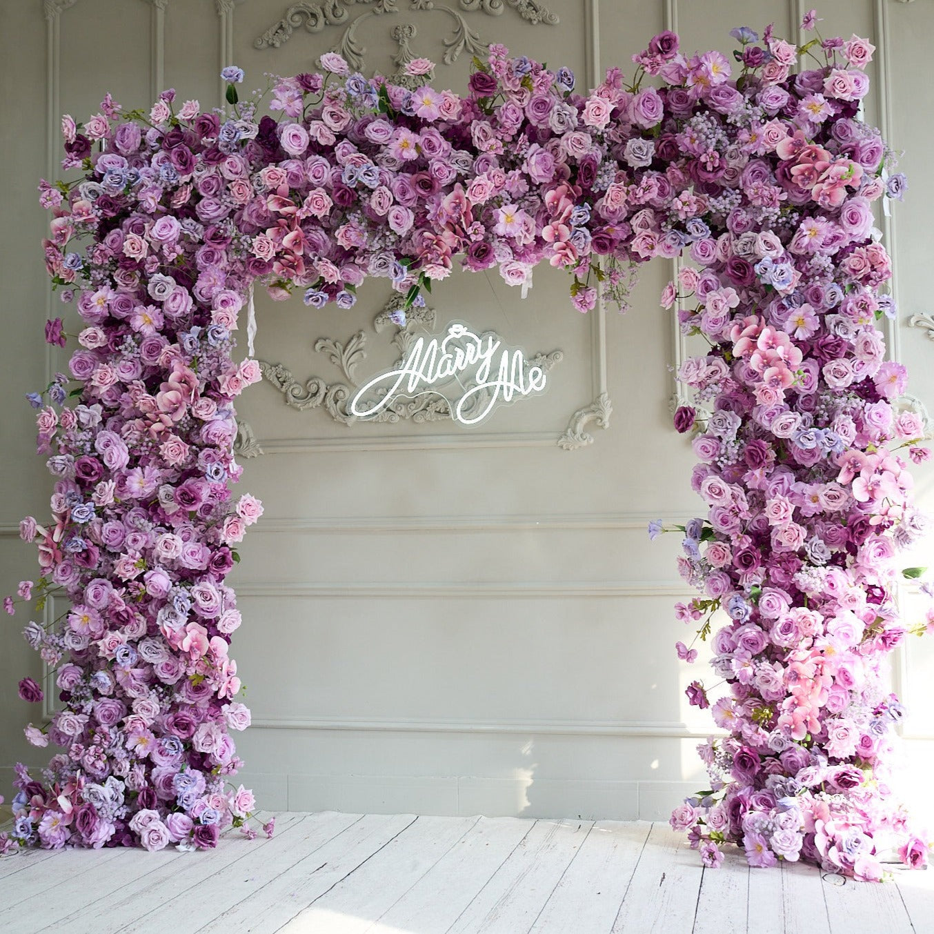 The purple roses florals flower wall looks elegant and romantic.