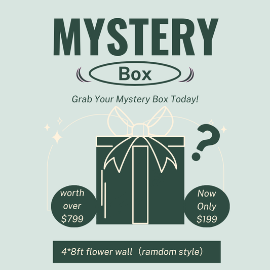 Promotional graphic for a mystery box with a flower wall, featuring text and a green gift box icon.