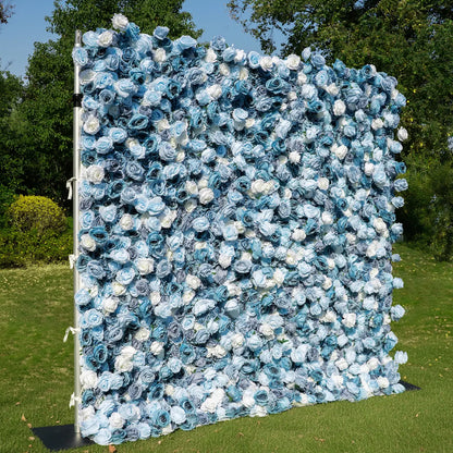 Flower Wall 5D Rolling Up Grey Blue Roses Floral Backdrop for Gender Reveal Party