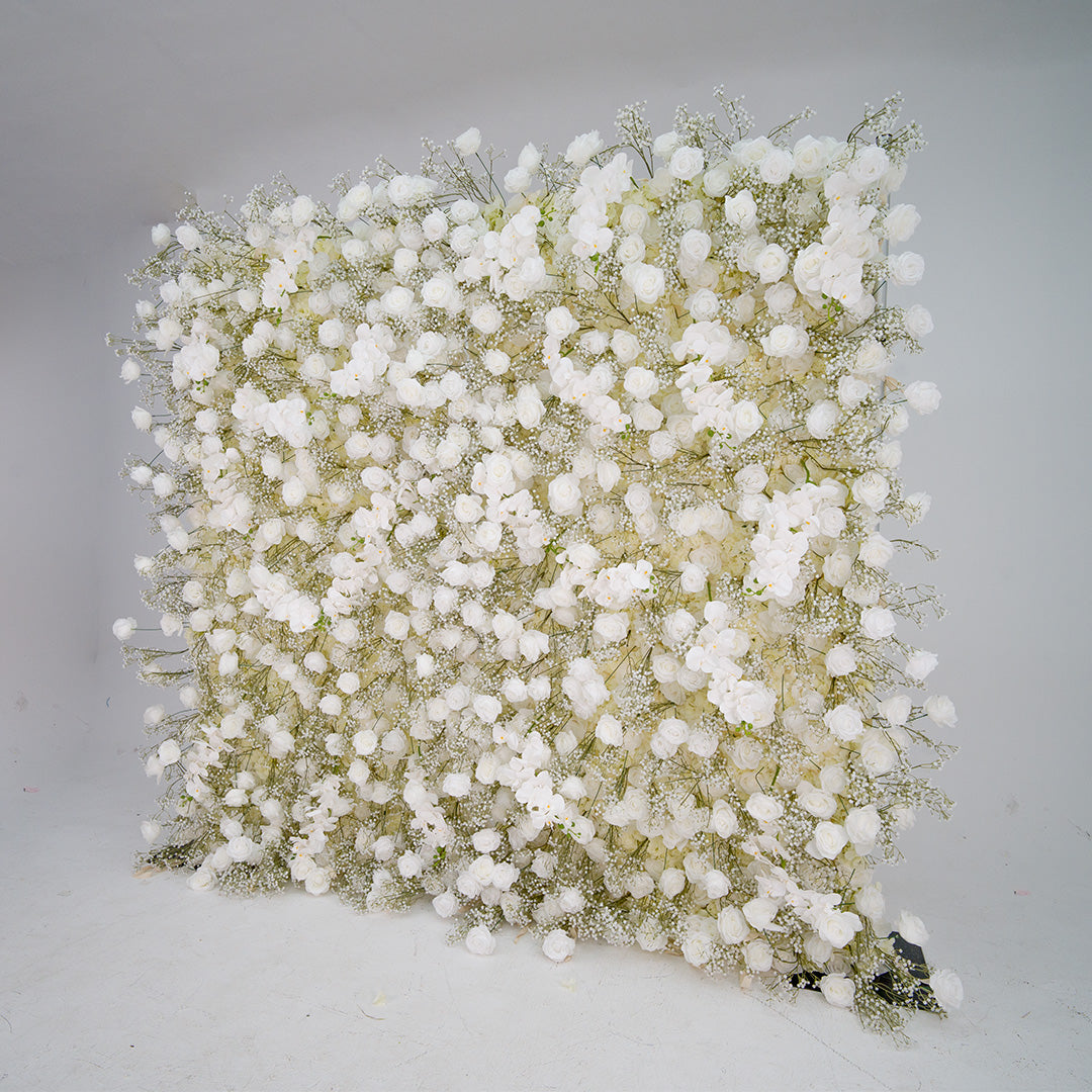 Flower Wall 5D White Rose & Baby's Breath Fabric Rolling Up Curtain Floral Backdrop Wedding Party Proposal Decor
