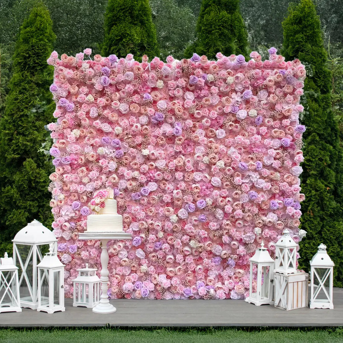 Flower Wall 5D Pink Purple Rose & Baby's Breath Fabric Rolling Up Curtain Floral Backdrop Wedding Party Proposal Decor