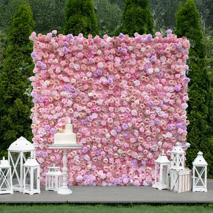 Flower Wall 5D Pink Purple Rose & Baby's Breath Fabric Rolling Up Curtain Floral Backdrop Wedding Party Proposal Decor