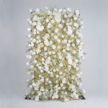 Flower Wall 5D White Rose & Baby's Breath Fabric Rolling Up Curtain Floral Backdrop Wedding Party Proposal Decor