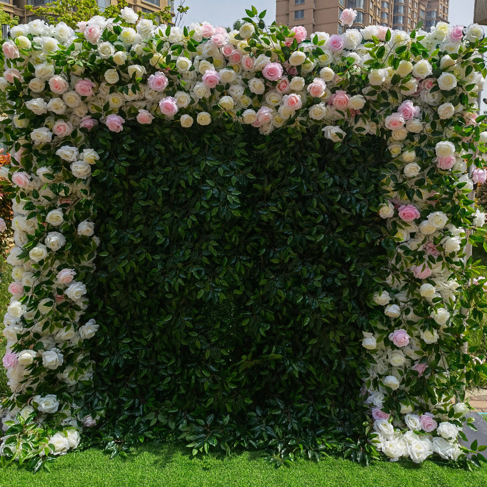 The pink white peony green leaves fabric flower wall looks full of life. 