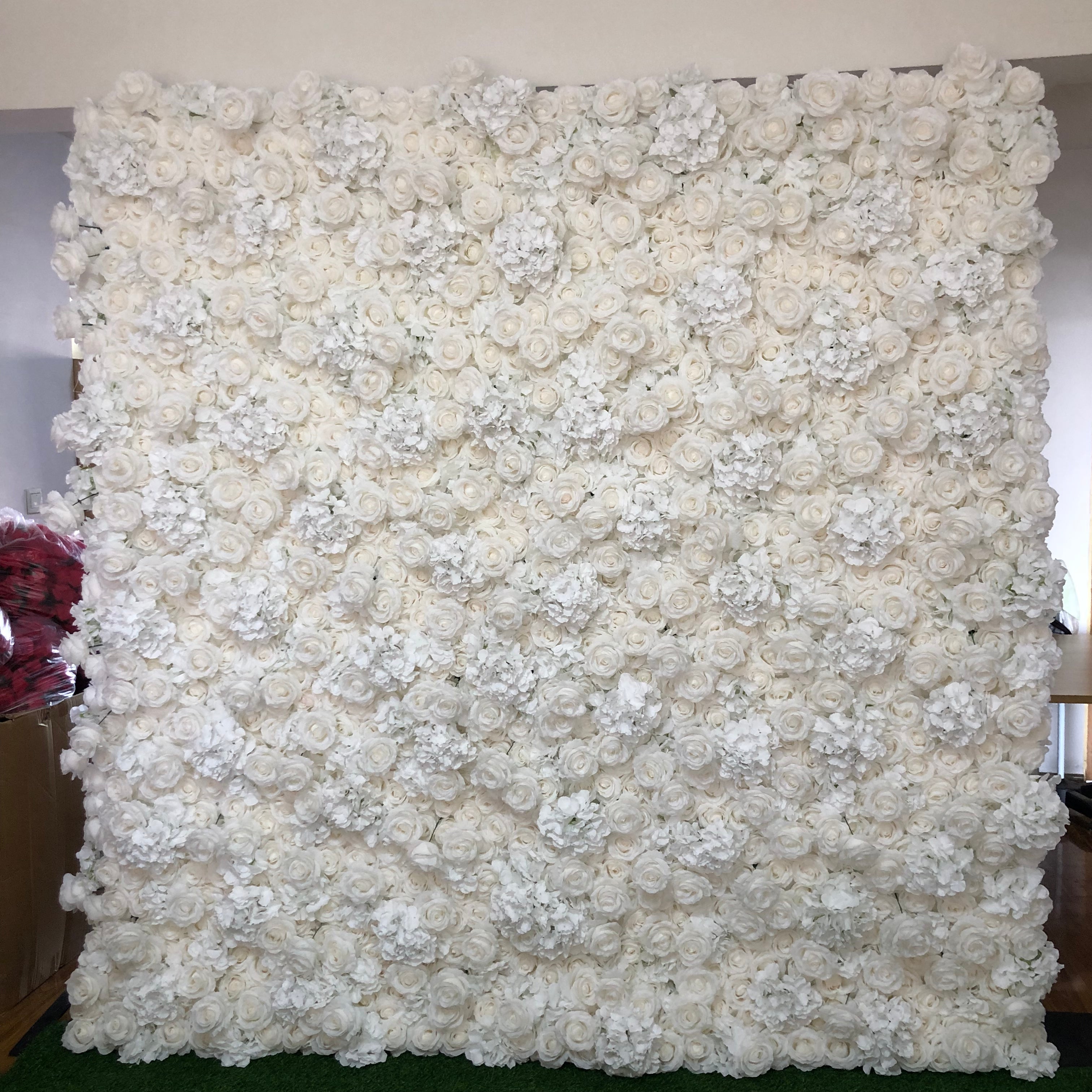 Flower Wall White Rose & Hydrangea Fabric Rolling Up Curtain Floral Backdrop Wedding Party Proposal Decor