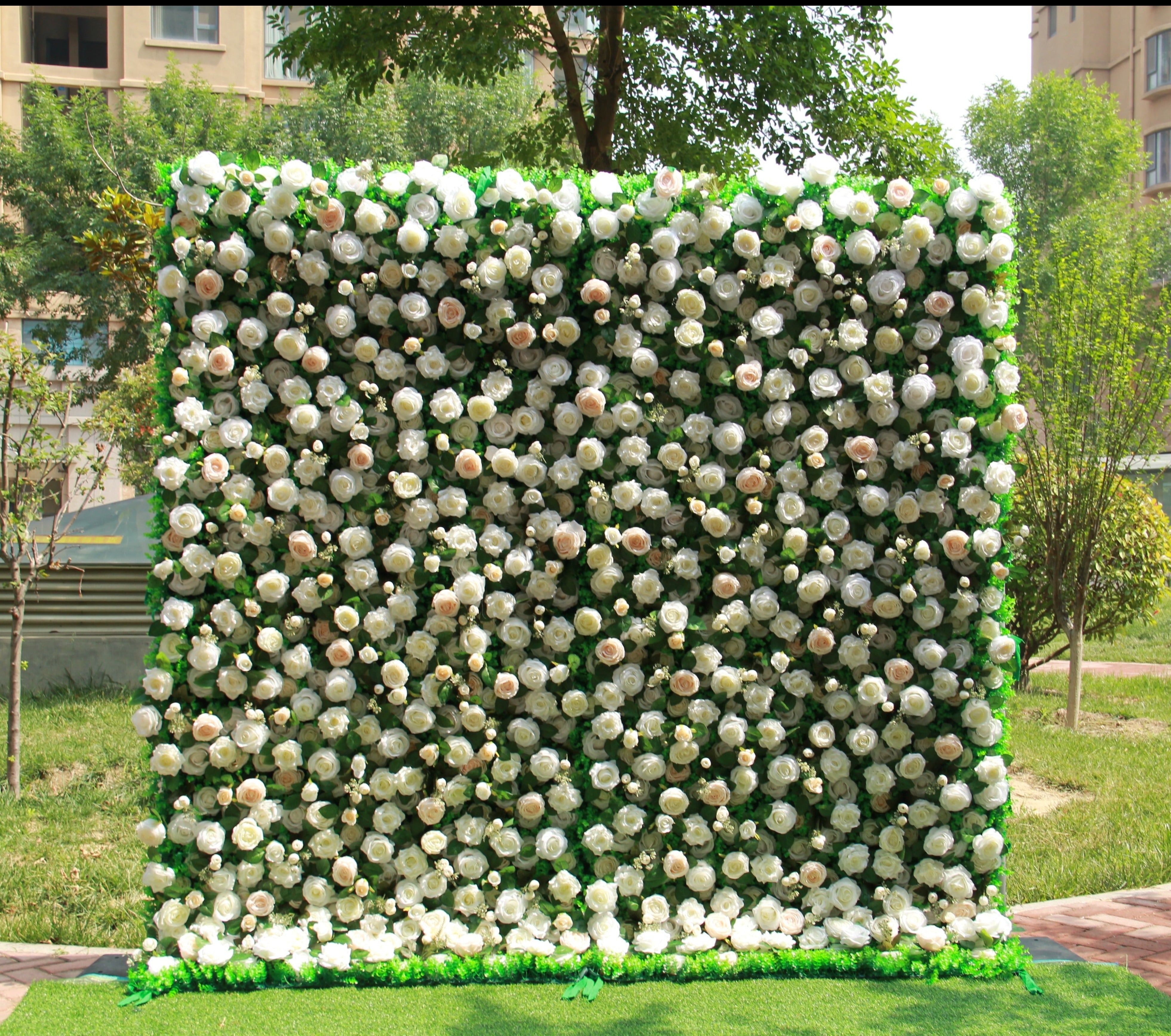 Flower Wall Champagne Rose & Green Fabric Rolling Up Curtain Floral Backdrop Wedding Party Proposal Decor