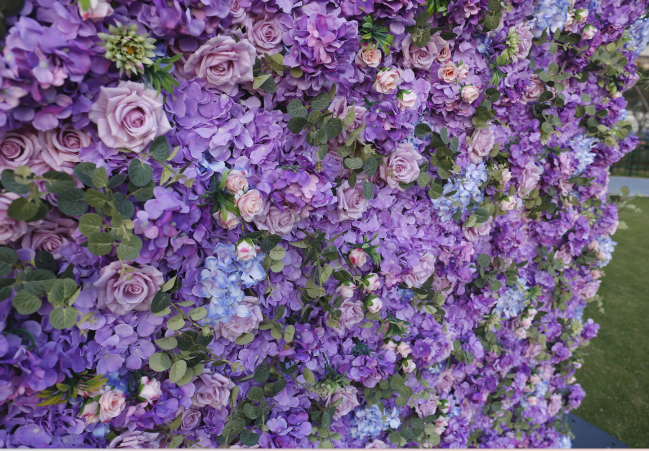 Flower Wall Purple Rose  Rolling Up Curtain Floral Backdrop Wedding Party Proposal Decor