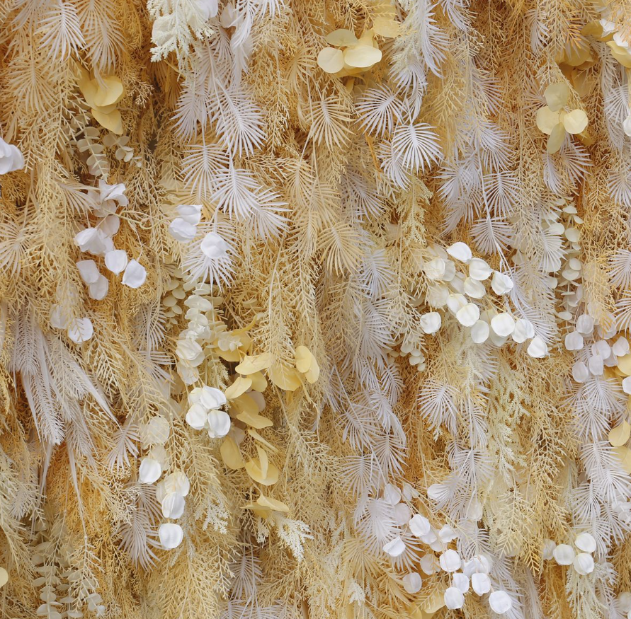 The white gold rime flower wall's detailed view shows off vivid colors and a realistic fabric backing.