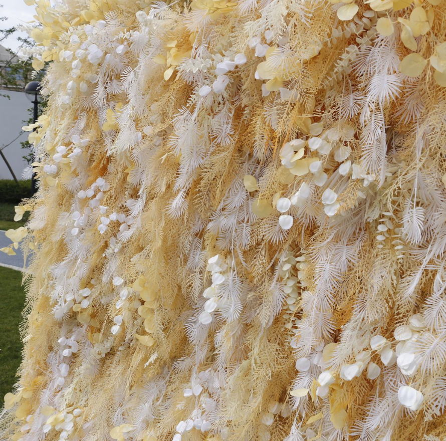 The white gold rime flower wall's detailed view shows off vivid colors and a realistic fabric backing.